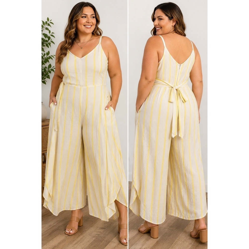 Ivy Street Linen Blend Yellow Stripe Jumpsuit Womens 1X Wide Leg Tie‎ Back #11